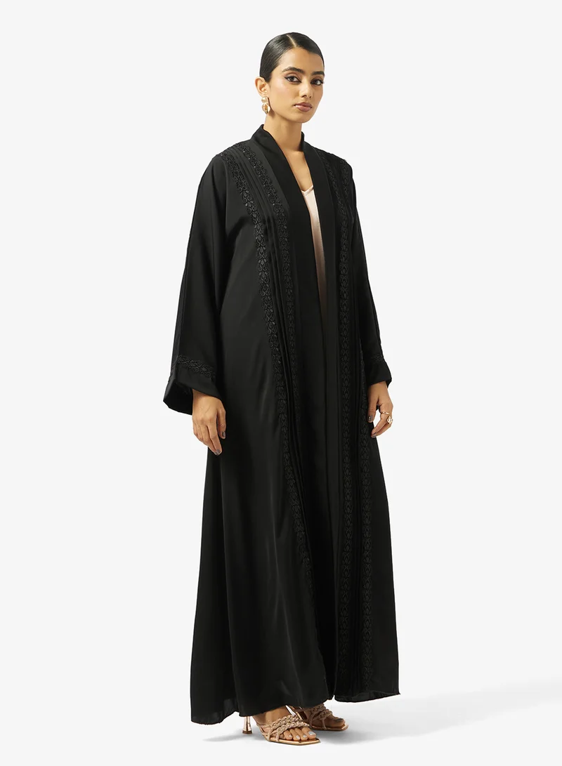 hayas closet  Black Lace Detail Open Abaya With Sheila for Women | Best Price UAE
